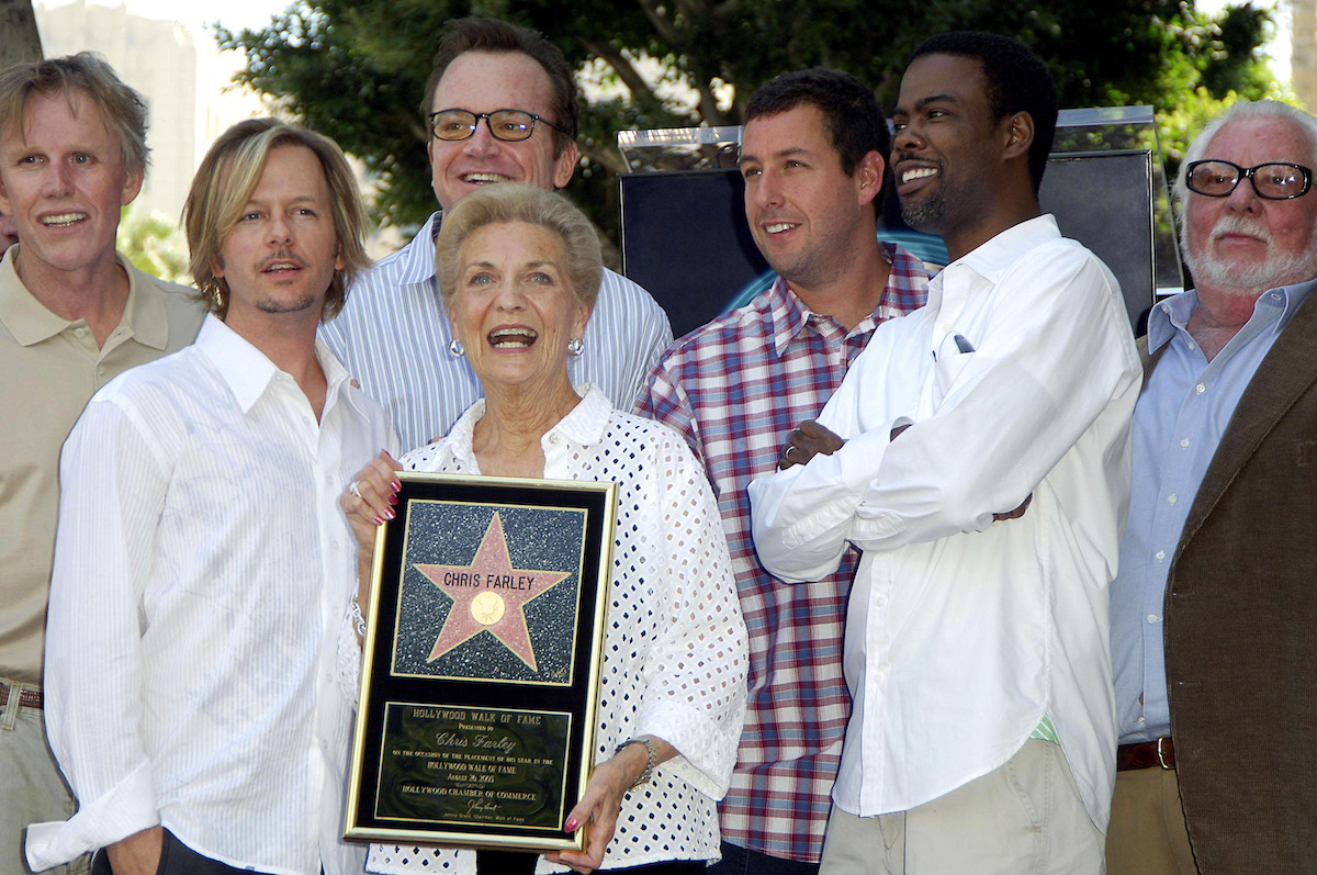 Gary Busey, David Spade, Tom Arnold, Mary Anne Farley, Adam Sandler, Chris Rock, and Bernie Brillstein at Chris Farley's Hollywood Walk of Fame ceremony in 2005