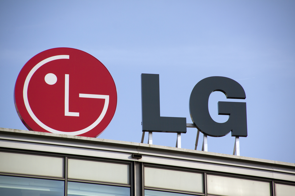 The logo of Korean tech company LG on top of a building