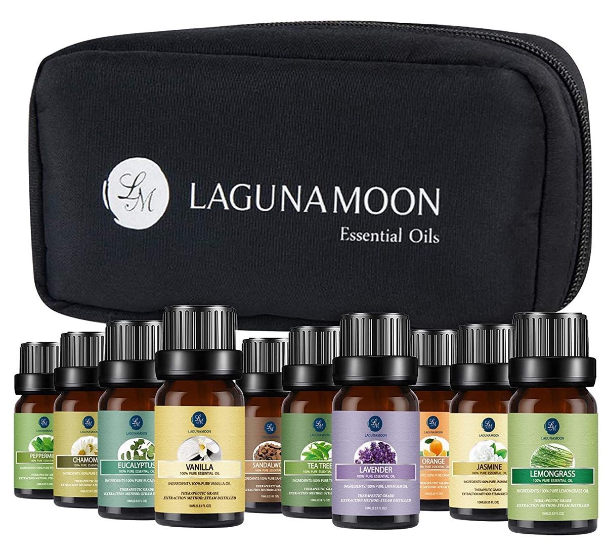 bottles of essential oils and black case