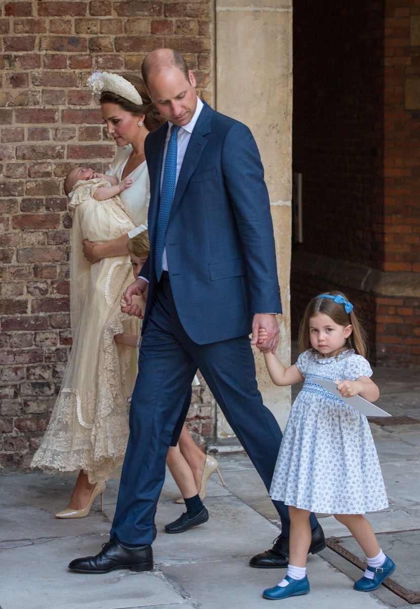 The Duke and Duchess of Cambridge with their children Prince George, Princess Charlotte and Prince Louis after Prince Louis's christening at the Chapel Royal, St James's Palace, London.
