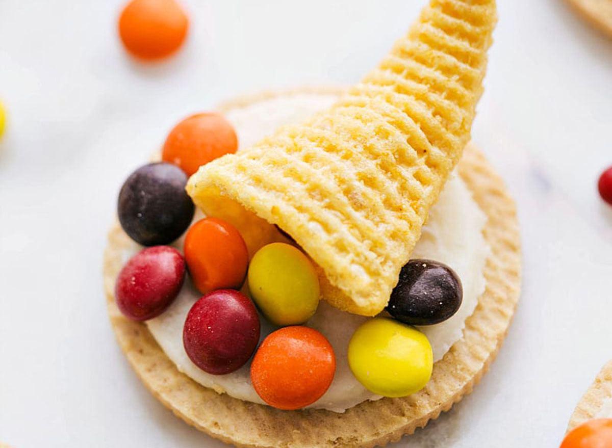 Cornucopia cookies with small candies on a shortbread cookie