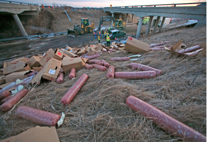 Image result for sausages spilled from cargo