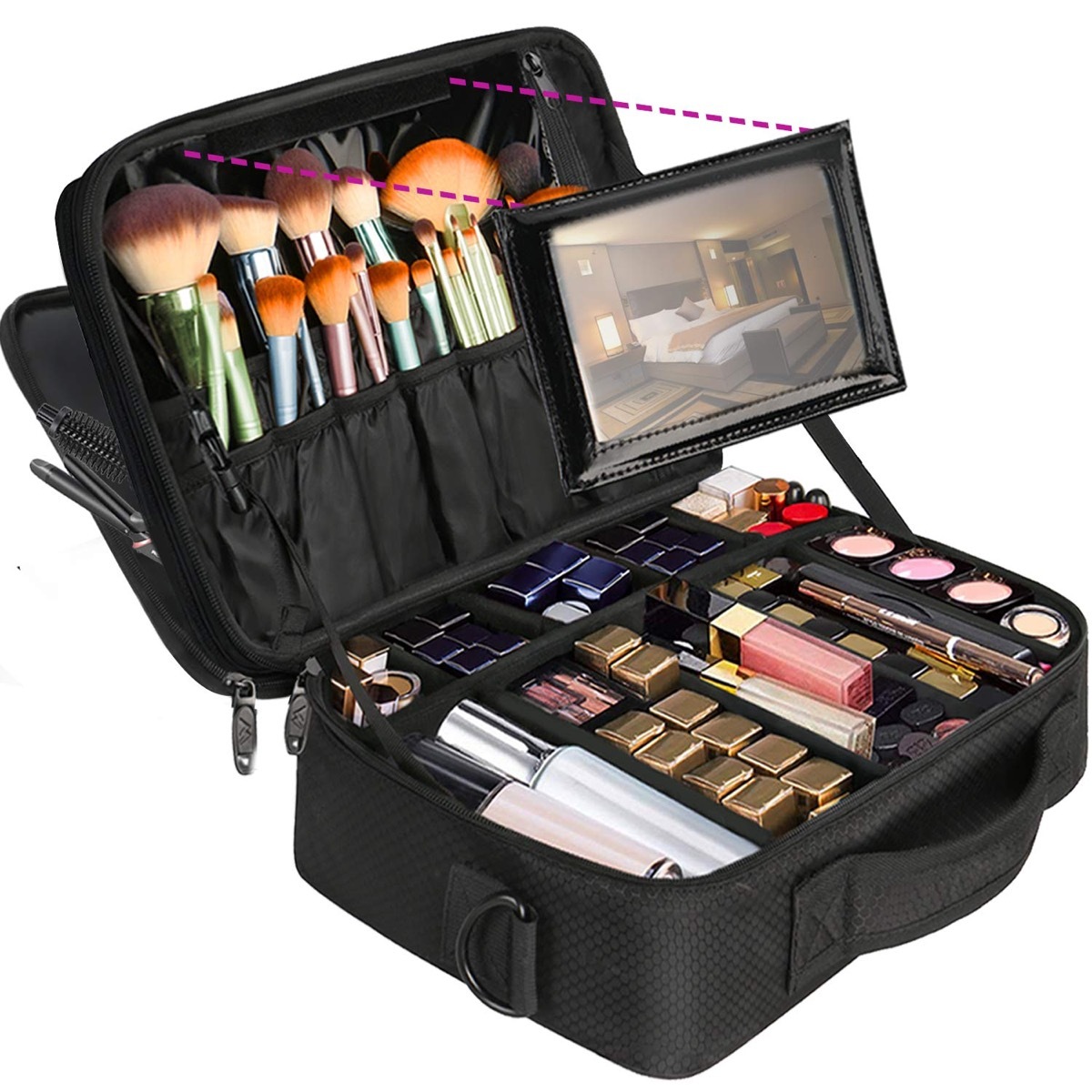 Black makeup kit full of products