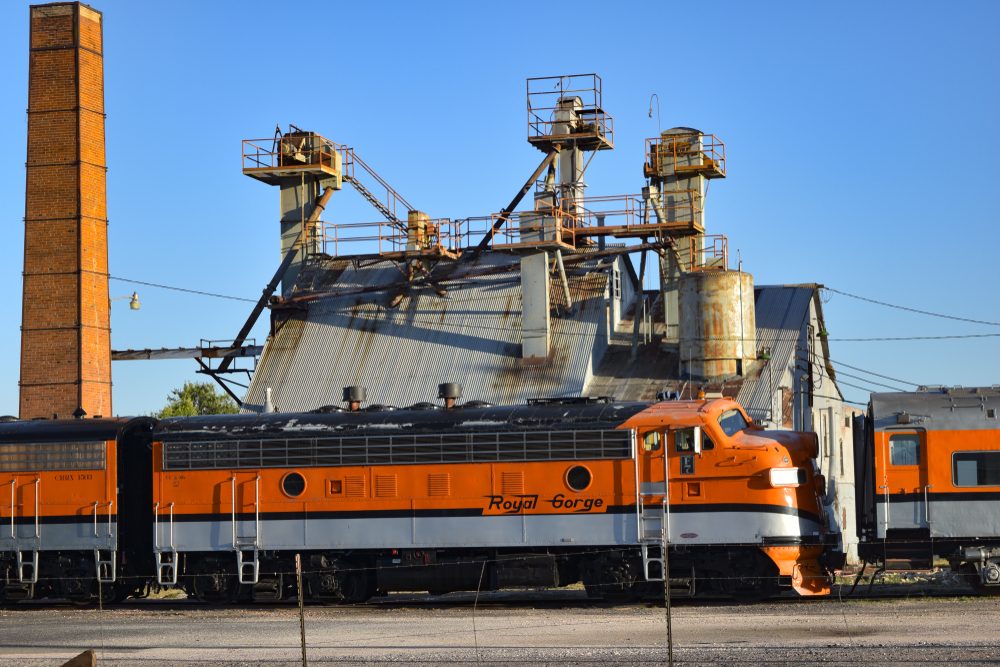 A Royal Gorge Train locomotive parked in a city