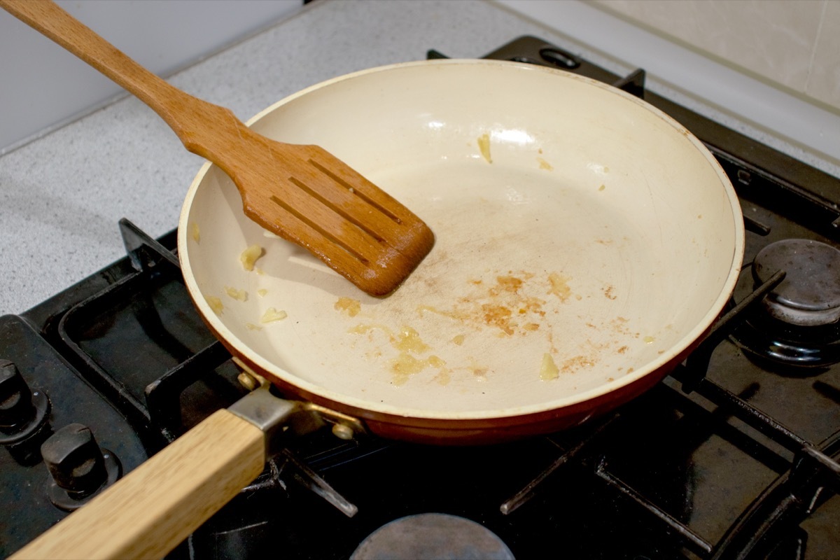 Dirty pan is standing on the stove closeup.