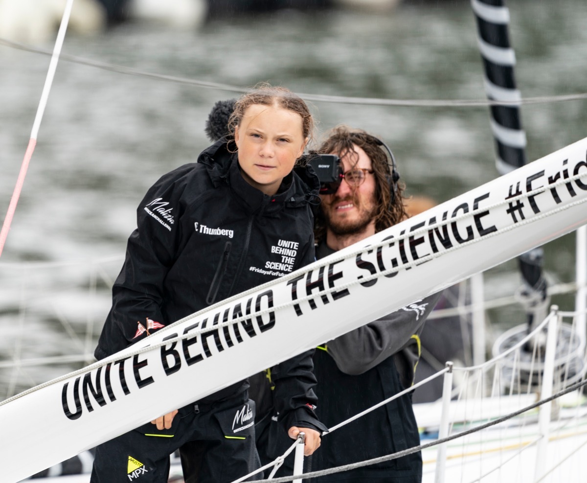 greta thunberg reaching new york city after sailing across the atlantic ocean in 2019