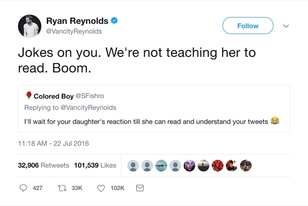 Ryan Reynolds funny tweet reading