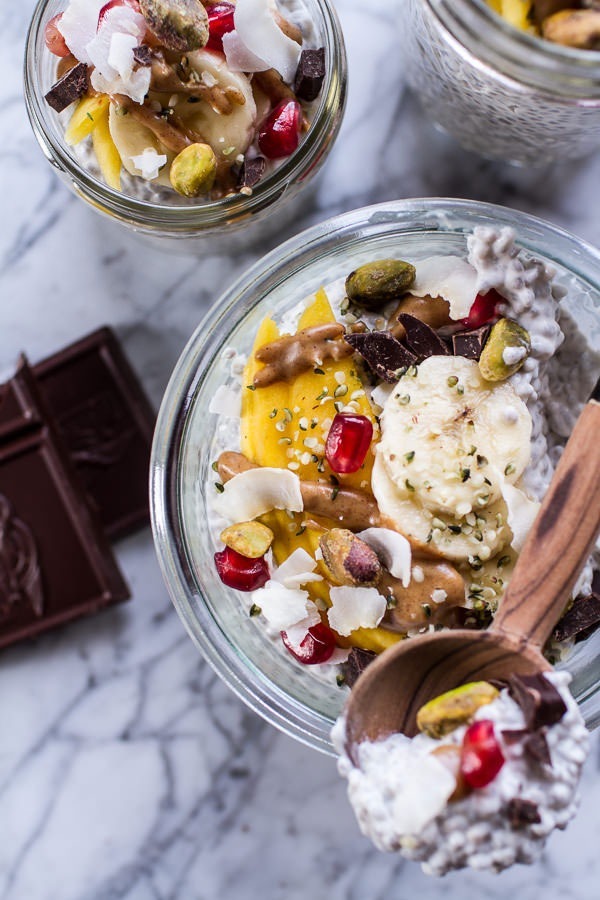 Coconut Almond Cream Chia Pudding with Superfoods and Dark Chocolate