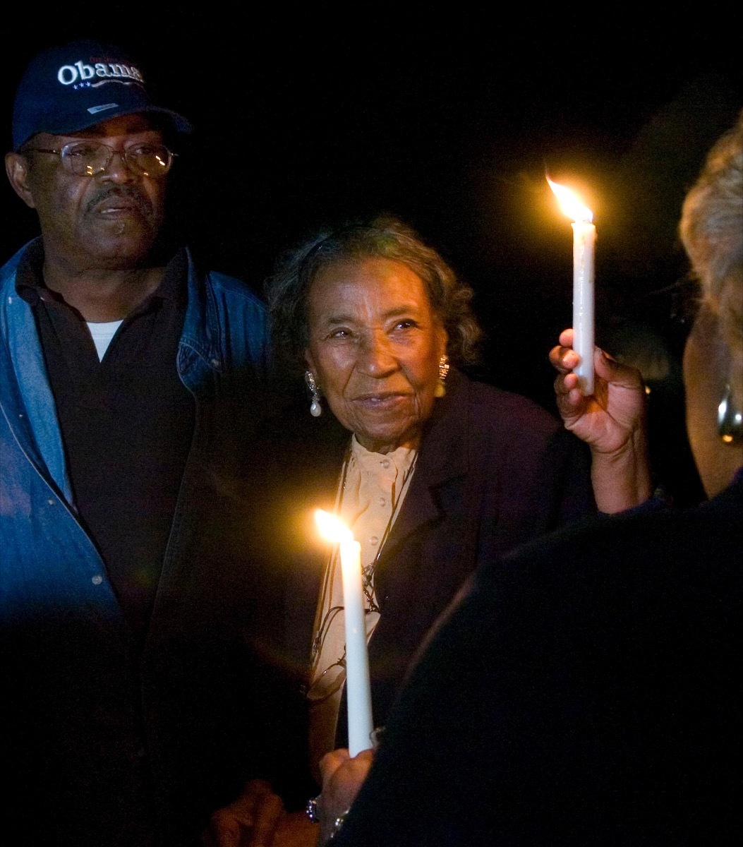 Civil Rights veteran foot soldier Amelia Boynton Robinson, 97, participates in a candle light vigil at the foot of the Edmund Pettus Bridge before the election returns in Selma, Alabama, USA, on Tuesday, November 4