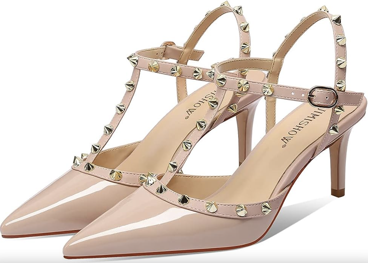 Product shot of nude studded heels from Amazon