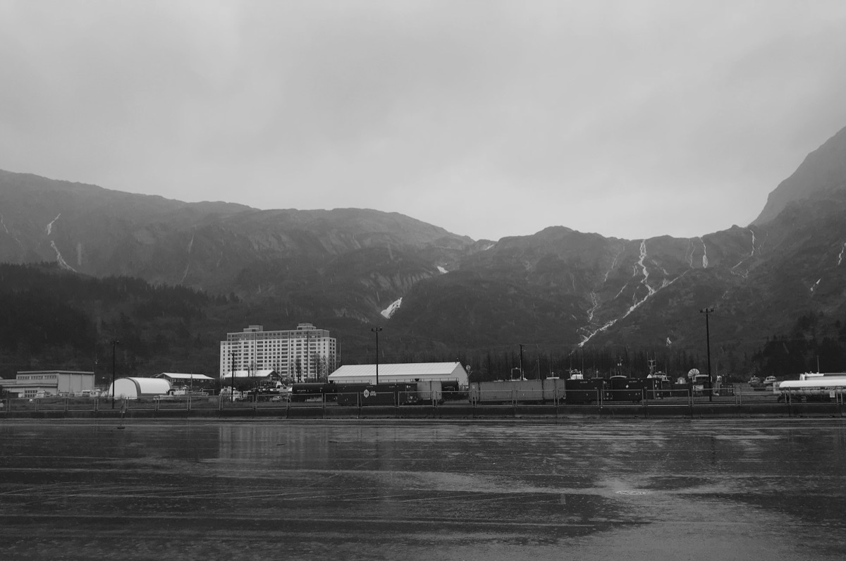 the town of whittier alaska in black and white
