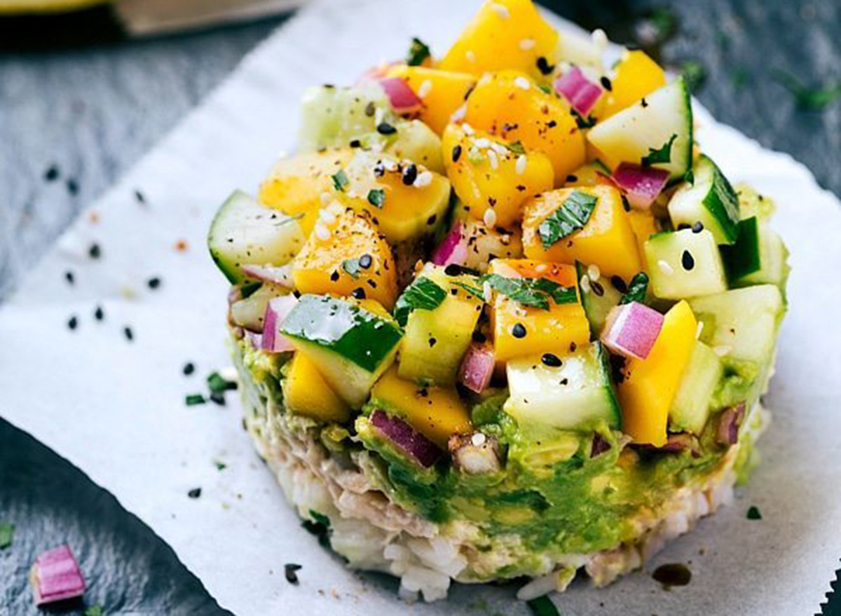 tuna sushi stacks with canned tuna on plate