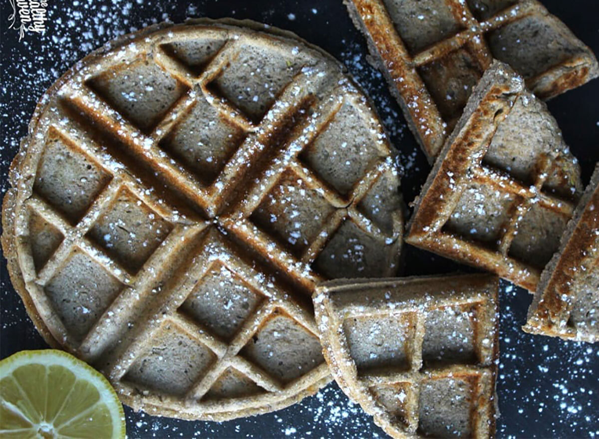 lemon buckwheat waffles dusted with powdered sugar