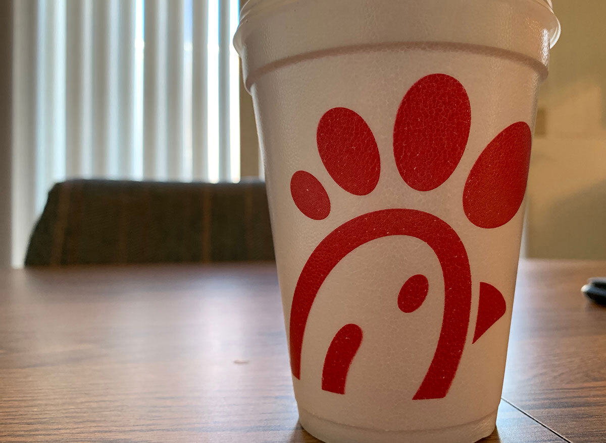 styrofoam chick-fil-a cup on table