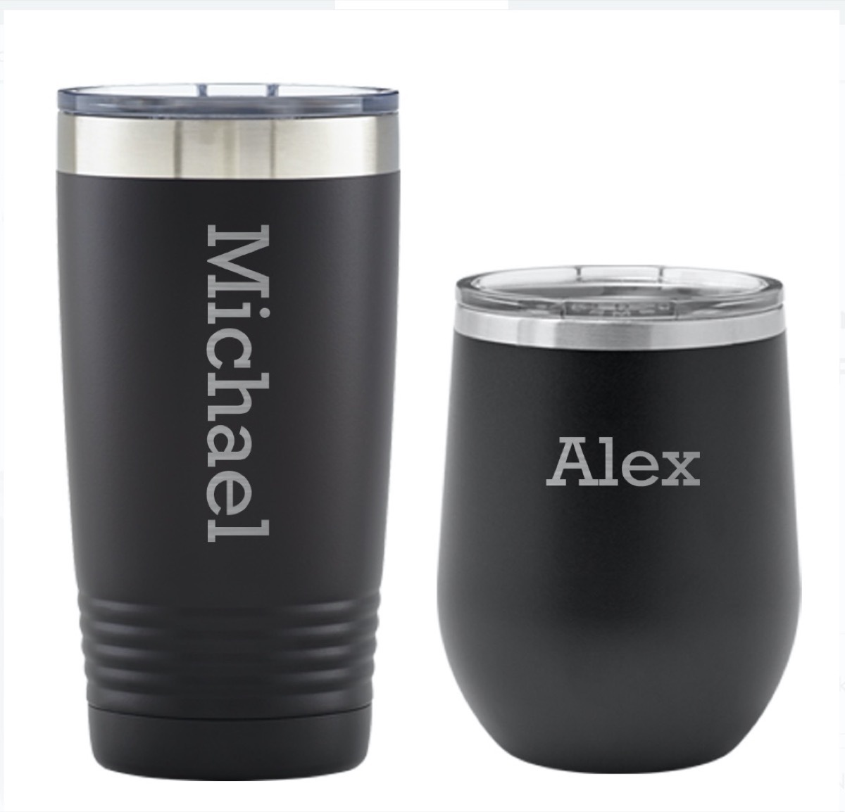 two black insulated tumbler cups with michael and alex on them in white font
