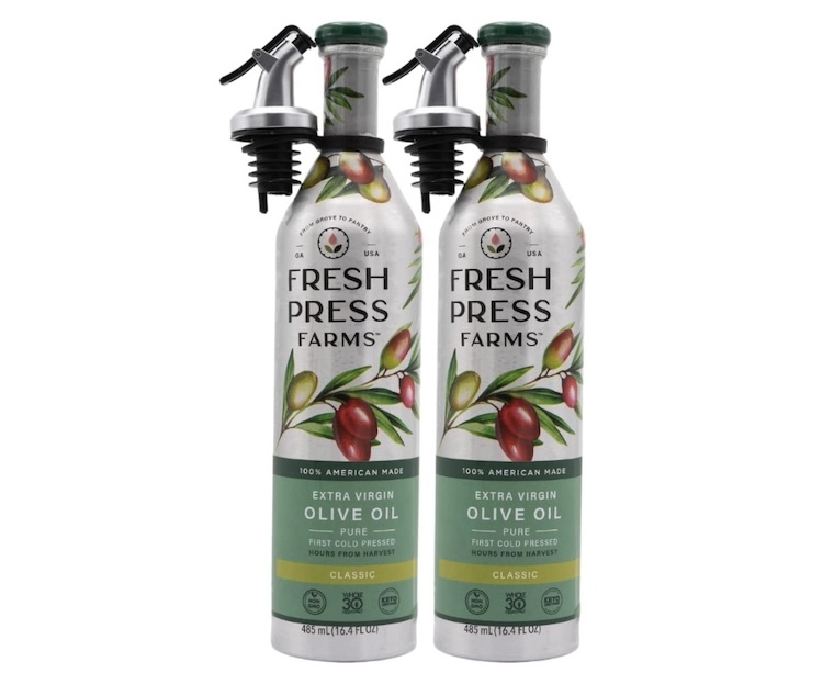 A pair of bottles of Fresh Press Farms EVOO