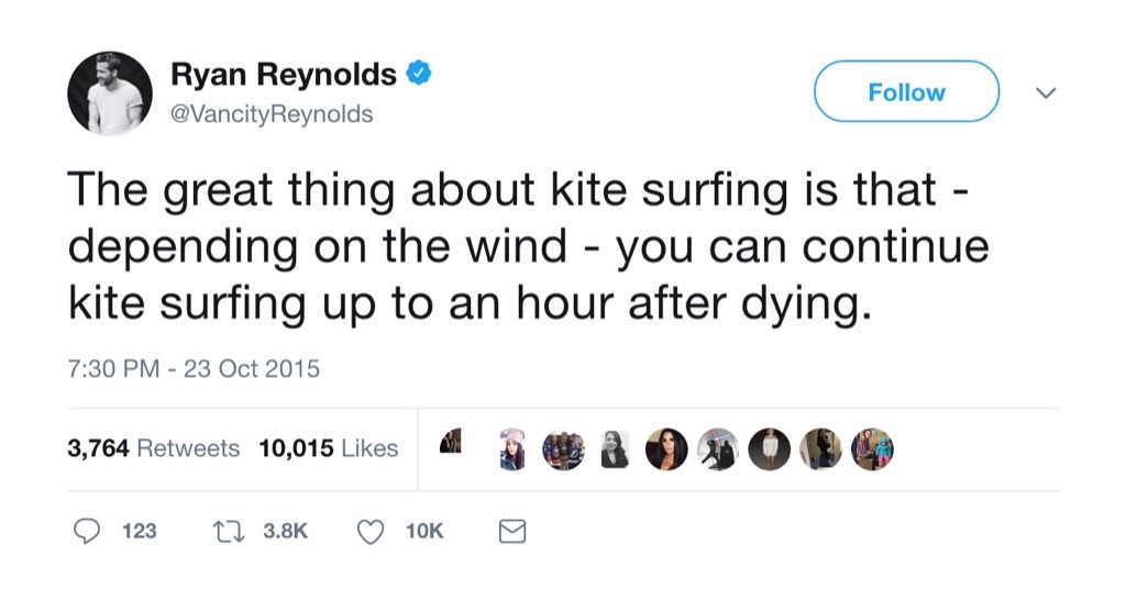 Ryan Reynolds funny tweet kite surfing
