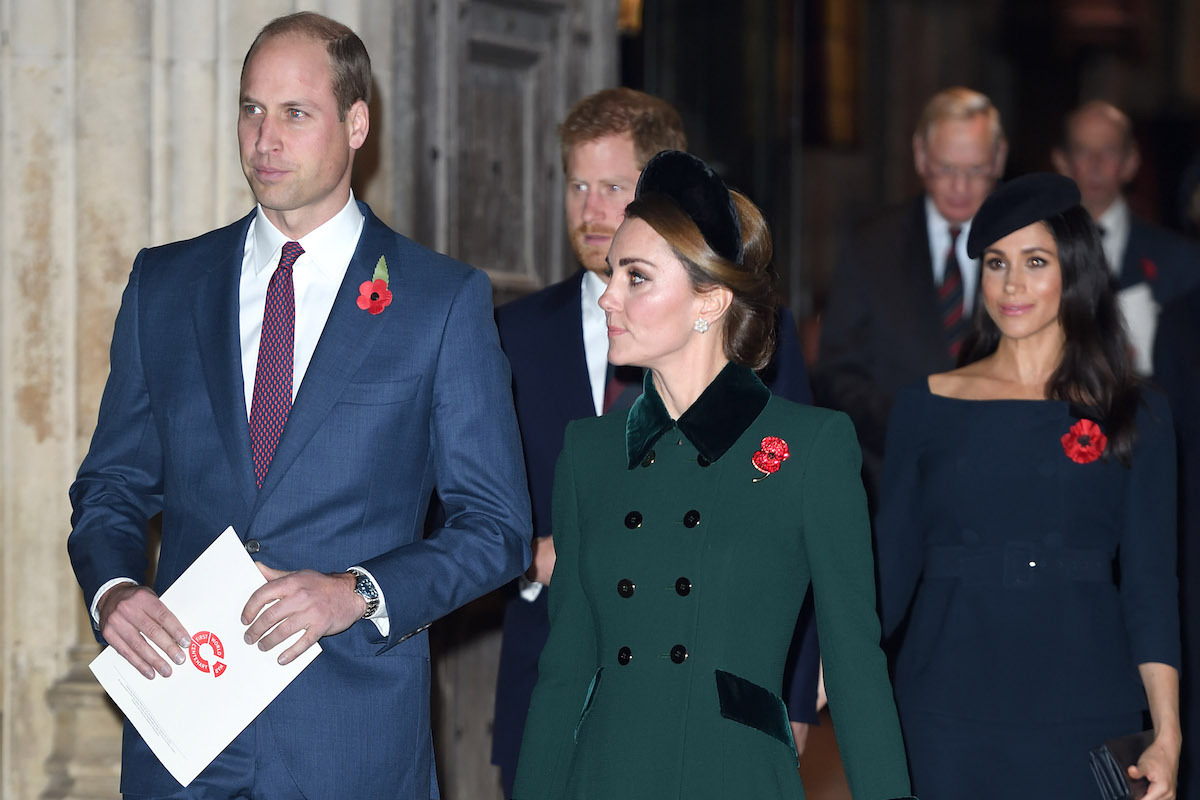 Prince William, Duke of Cambridge, Prince Harry, Duke of Sussex, Catherine, Duchess of Cambridge and Meghan, Duchess of Sussex attend the Centenary Of The Armistice Service at Westminster Abbey on November 11, 2018 in London, England