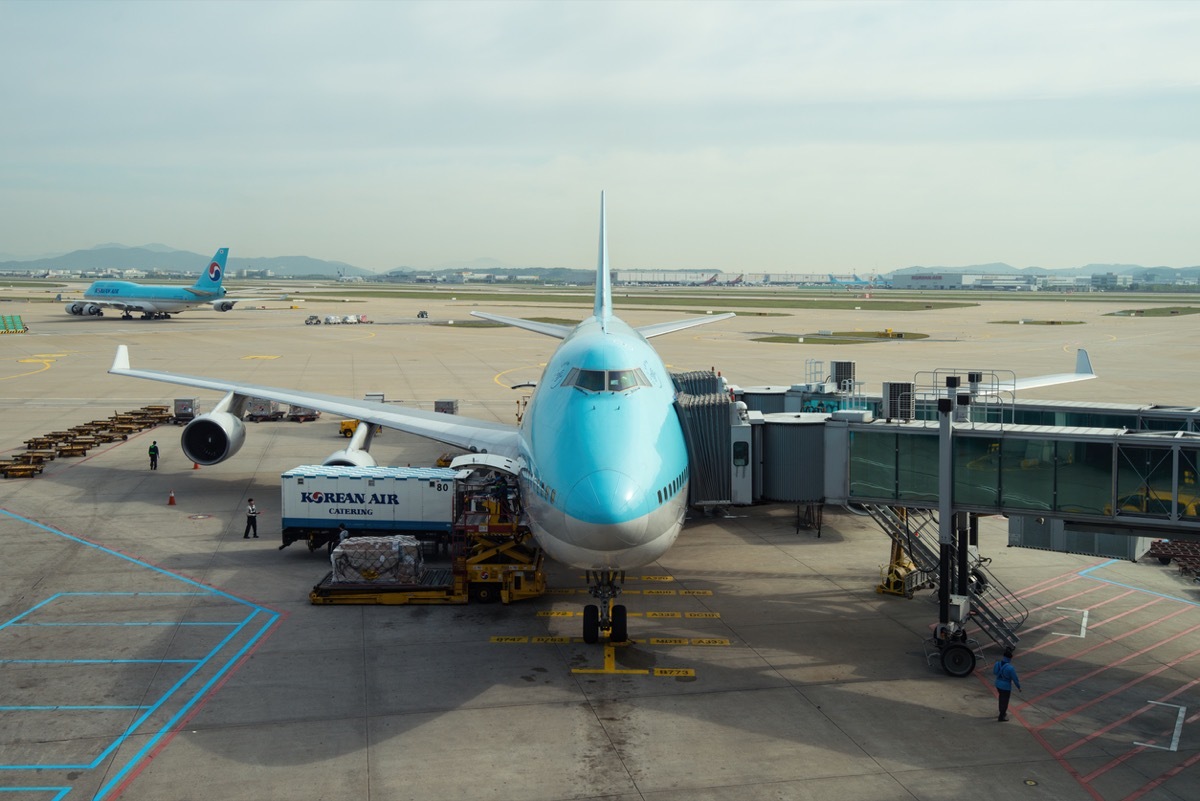 A Korean Air Boeing 747 parked at a gate at Incheon International Airport (ICN) in South Korea. Korean Air flies to 126 cities in 44 countries around the world and is the largest carrier in South Korea.