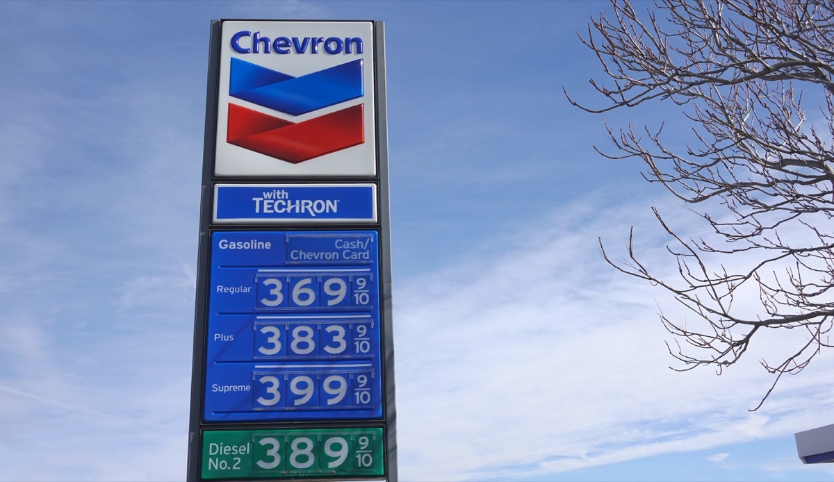Sign with gas prices posted at a Chevron station. California has some of the highest fuel prices in the nation. Photo taken in Anza, CA / USA on January 16, 2020