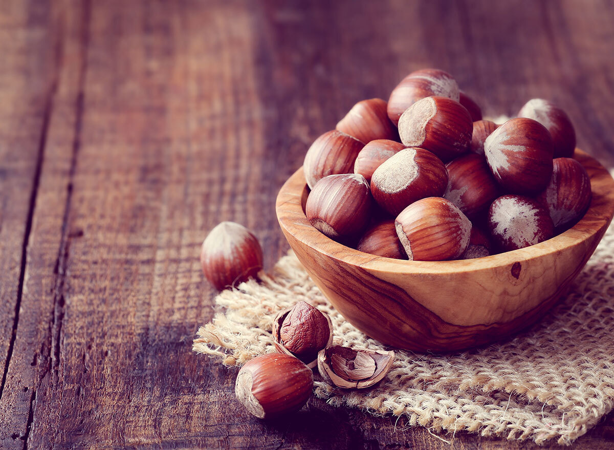 hazelnuts in wooden bowl