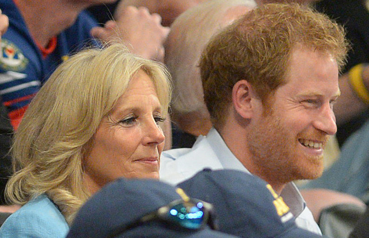 U.S. Second Lady Dr. Jill Biden (l) and Britain's Prince Harry watch a wheelchair rugby gold medal match between the United States and Denmark at the 2016 Invictus Games at the ESPN Wide World of Sports Complex in Orlando, Florida on May 11, 2016.