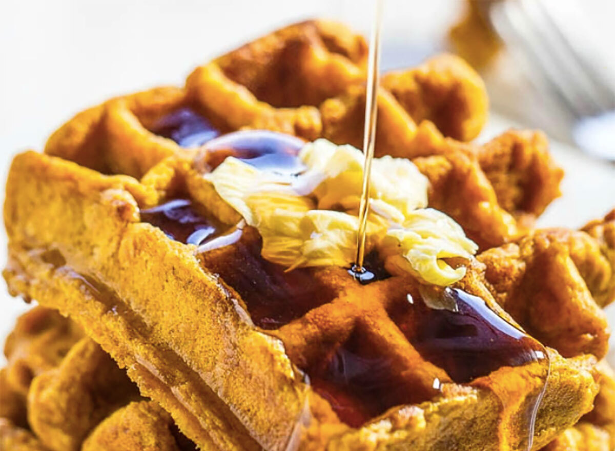 pumpkin waffles with butter and syrup