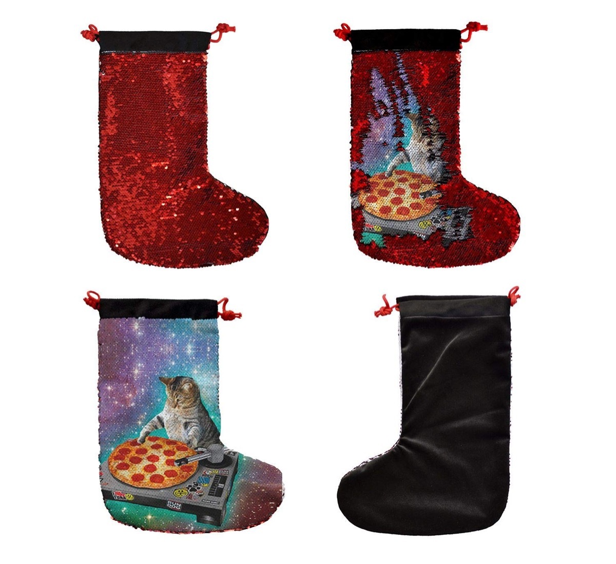 four stockings with pizza cat on them