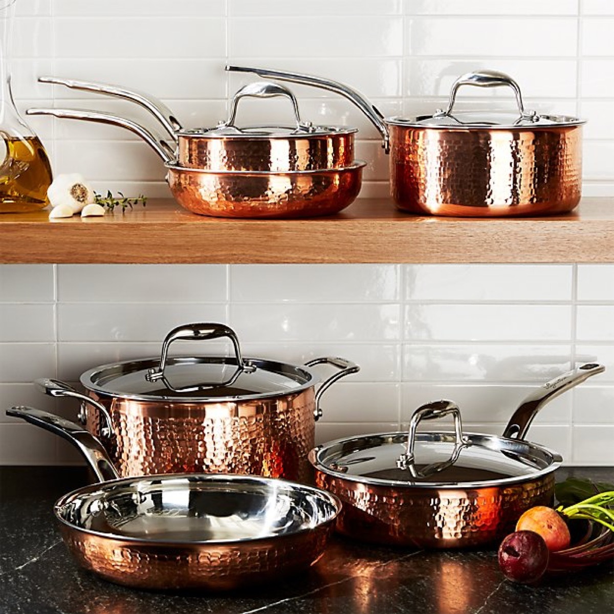 Copper cookware in a kitchen