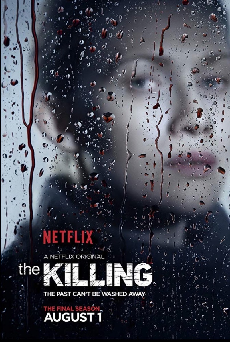 mireille enos behind a window with rain on it in the killing promotional image