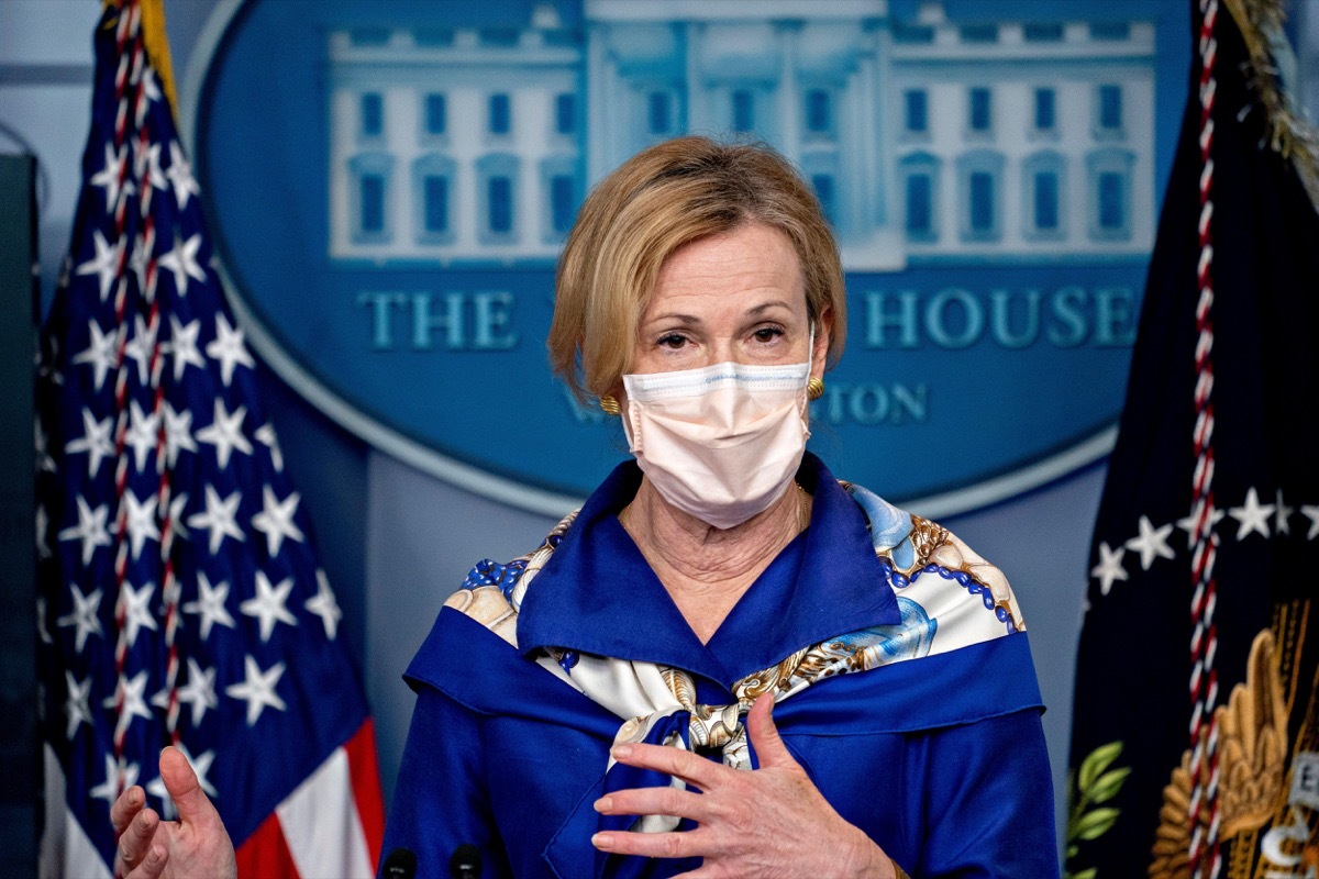 dr. deborah birx wearing a face mask at a white house briefing