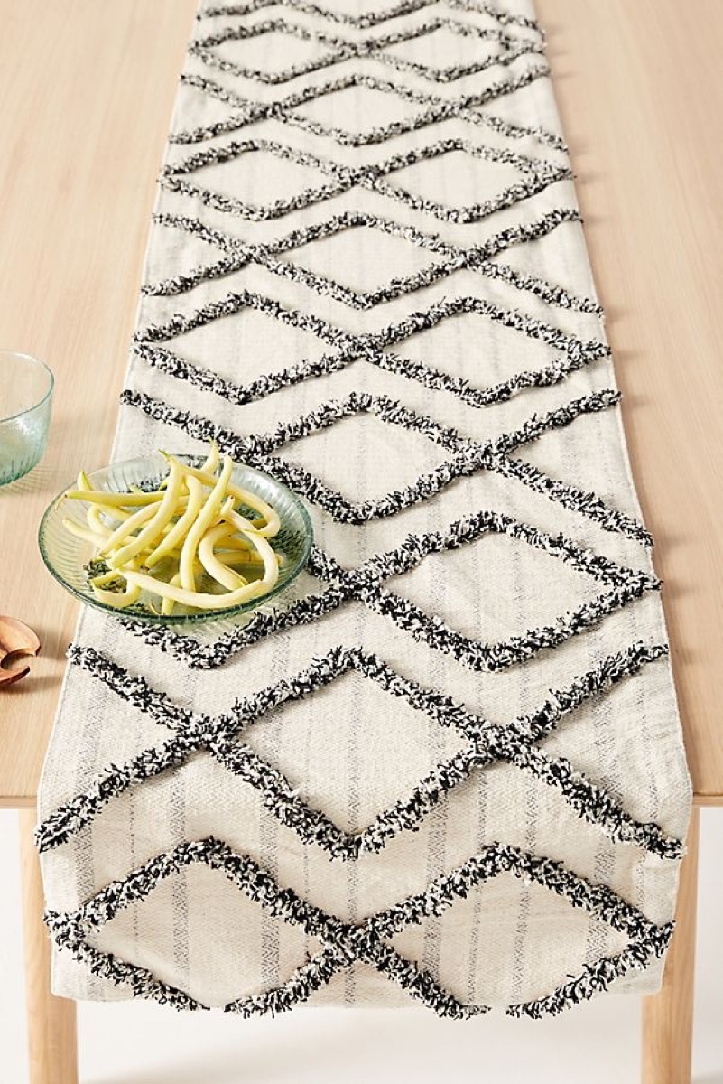 black and white runner on table, kitchen decorations