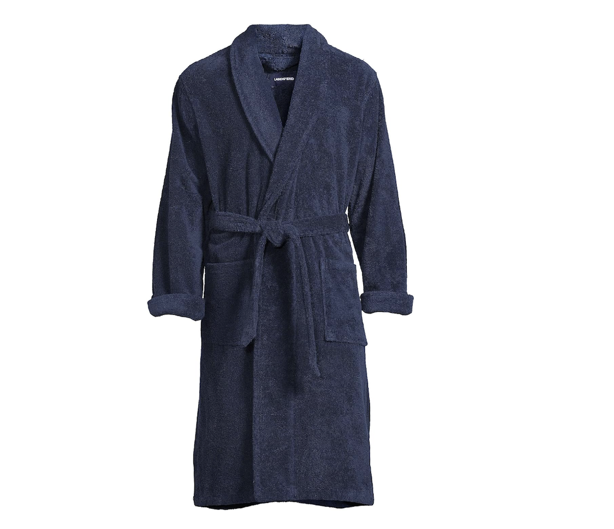 navy blue terry robe on white background