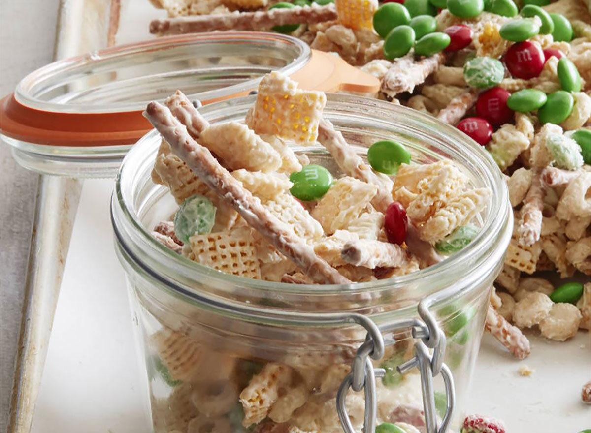 jar of christmas chex mix with pretzels mms white chocolate