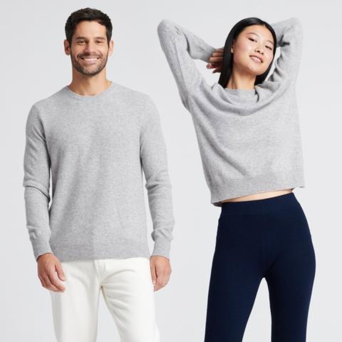 man and woman wearing gray cashmere sweaters