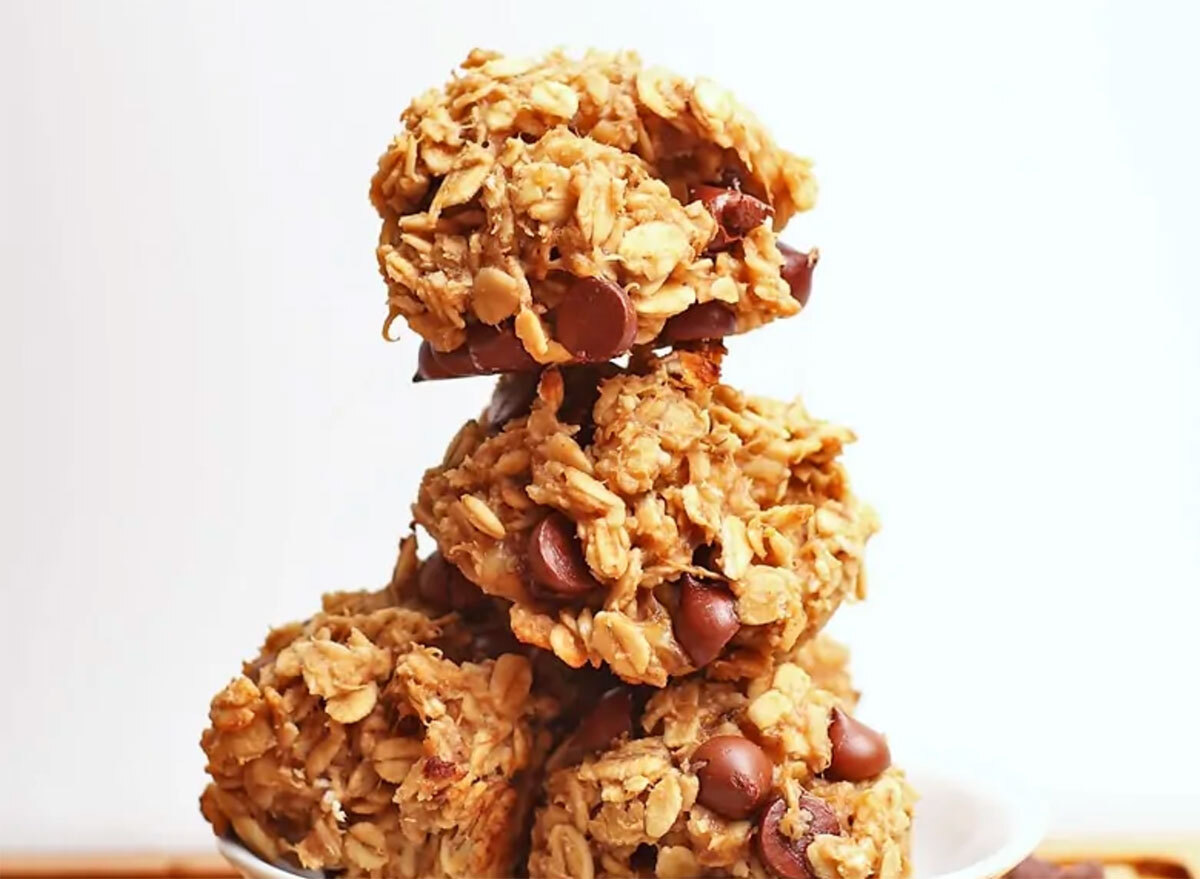Vegan peanut butter chocolate chip cookies piled on top of each other
