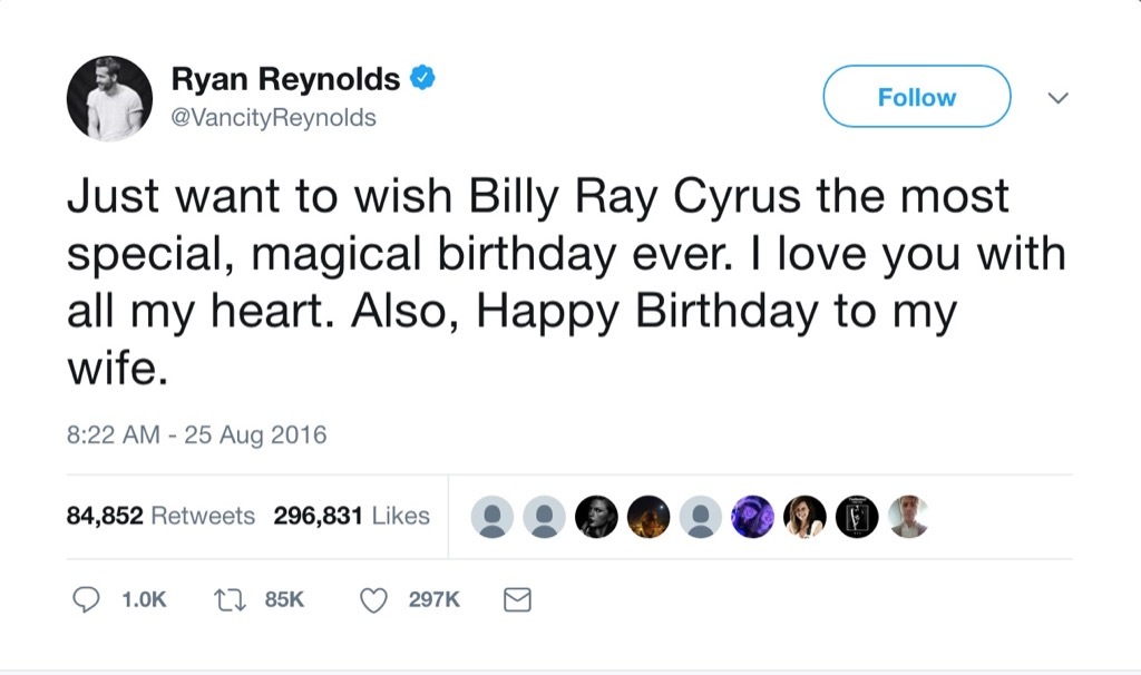 Ryan Reynolds funny tweet Billy Ray Cyrus