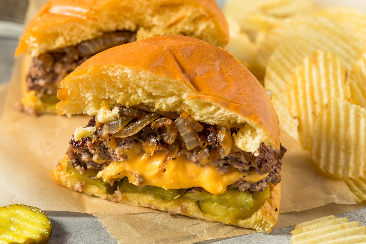 Homemade Juicy Lucy Cheeseburger with Cheddar and Chips