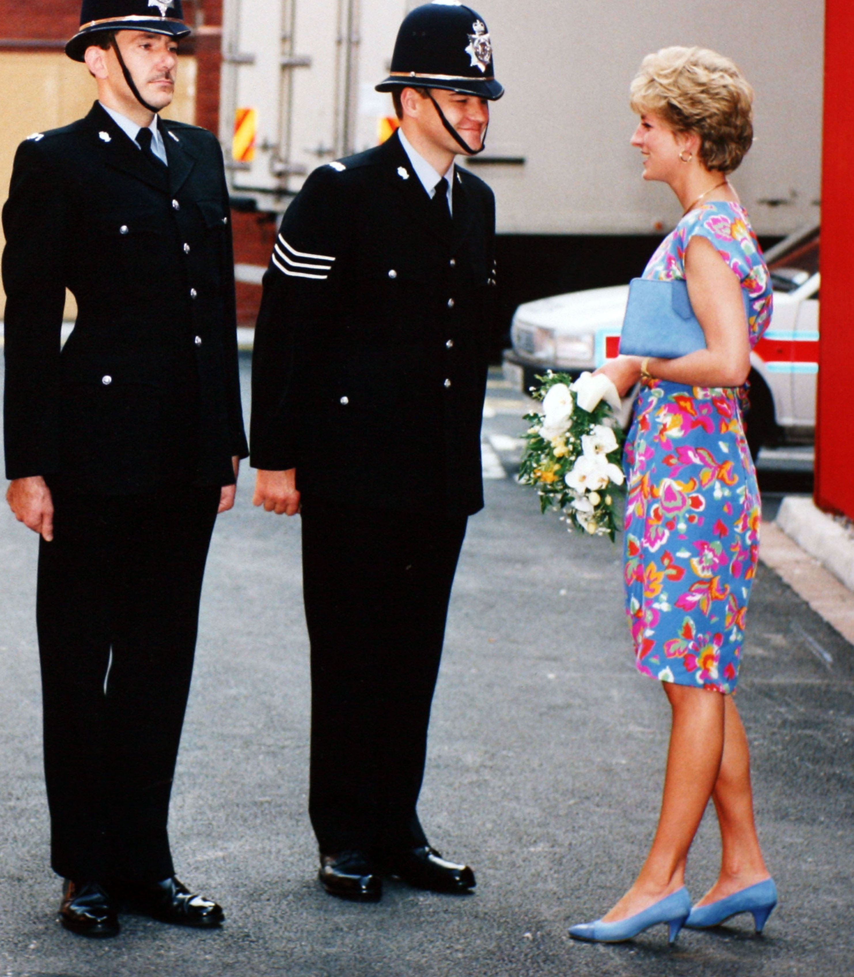 Princess Diana talking to officers