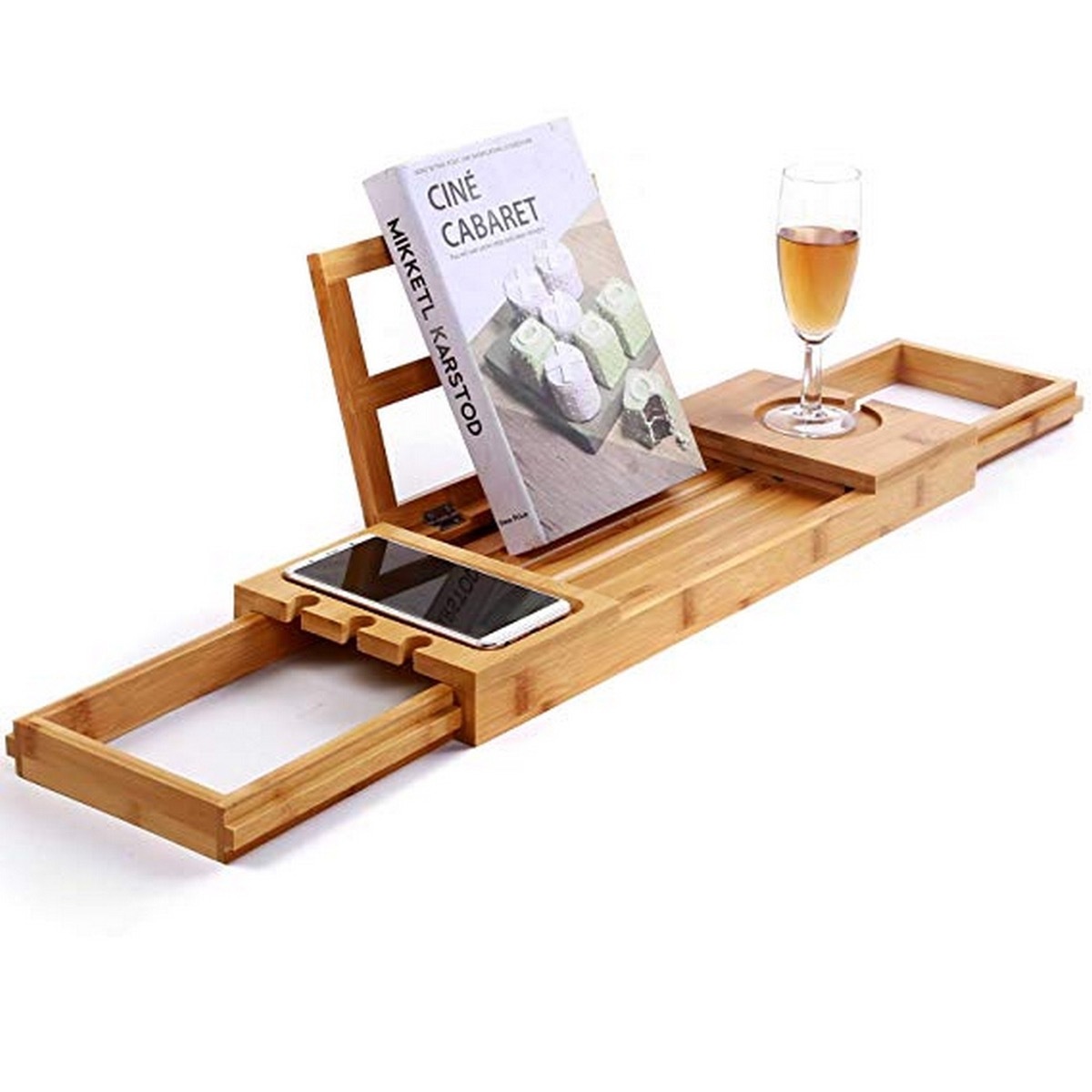 wooden tray with book and champagne and phone on it, bathroom accessories