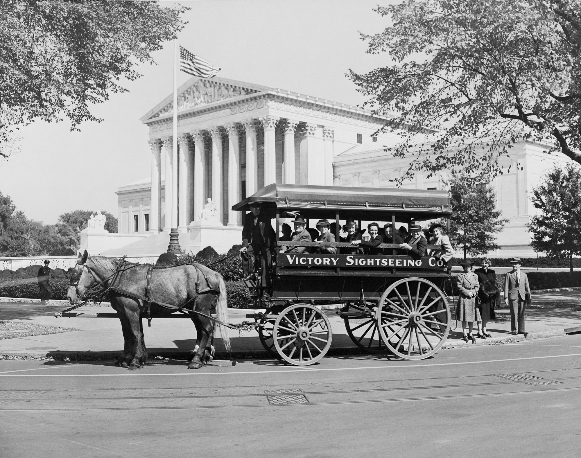 a horse-drawn carriage of tourists drives around washington d.c.