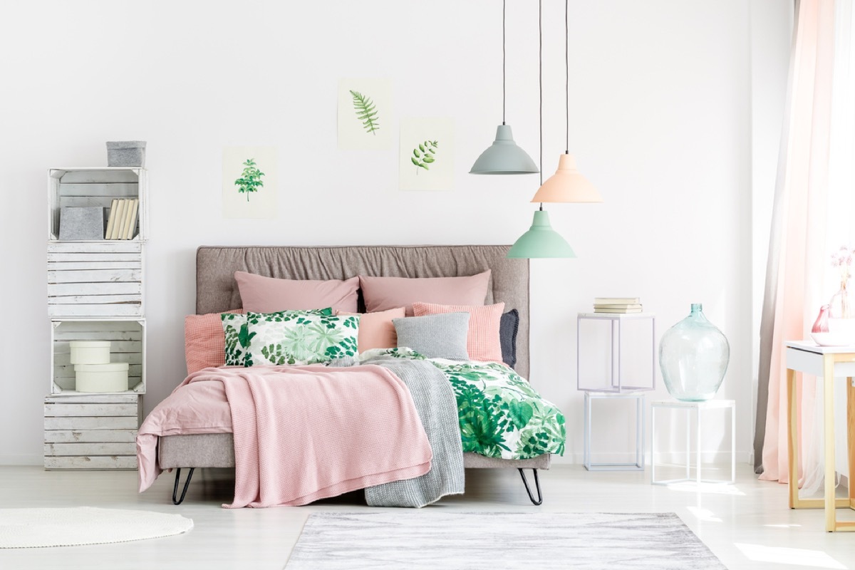 pastel bedroom with minimalist design, joanna gaines tips