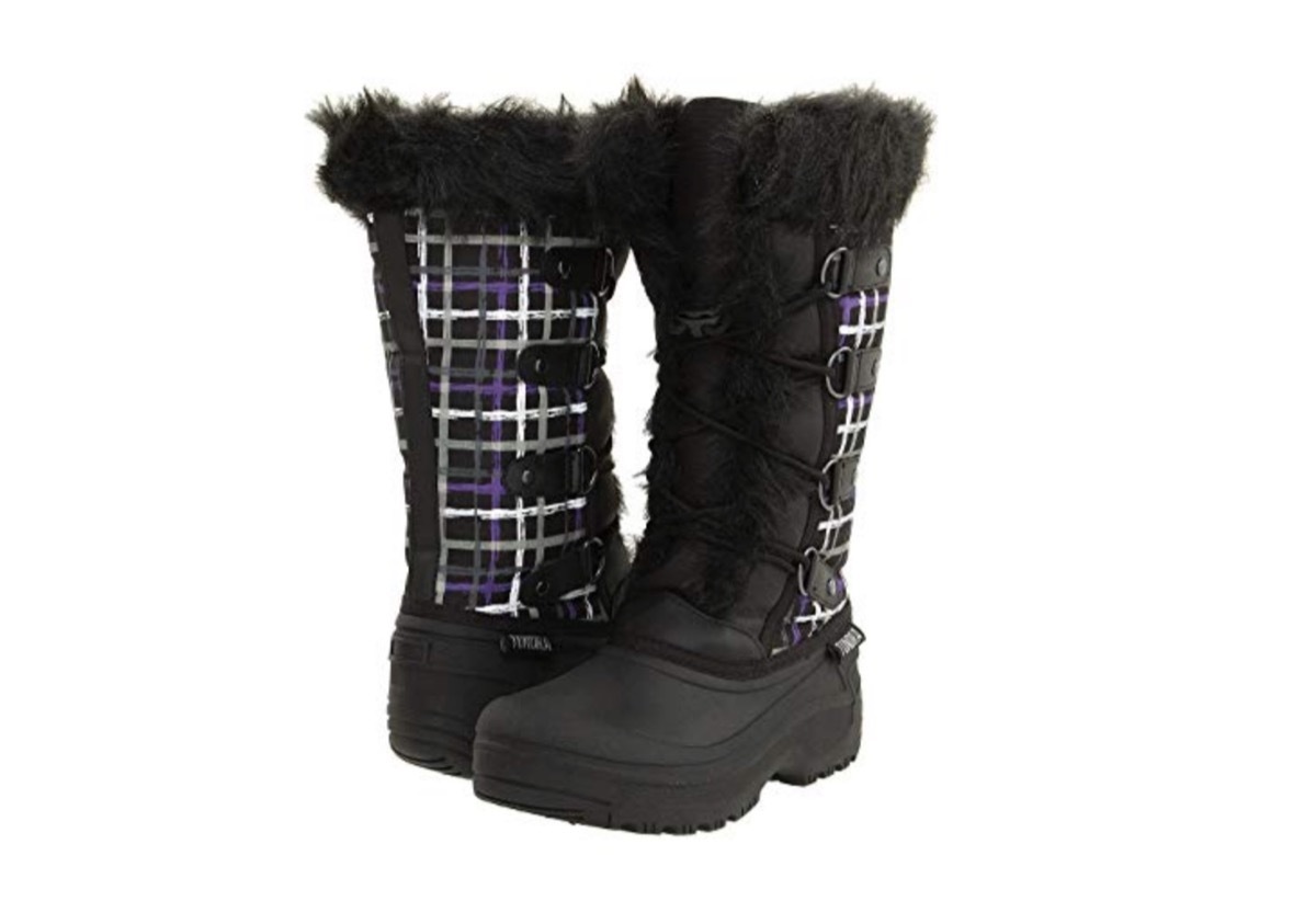 black snow boots with purple and white plaid and faux fur trim