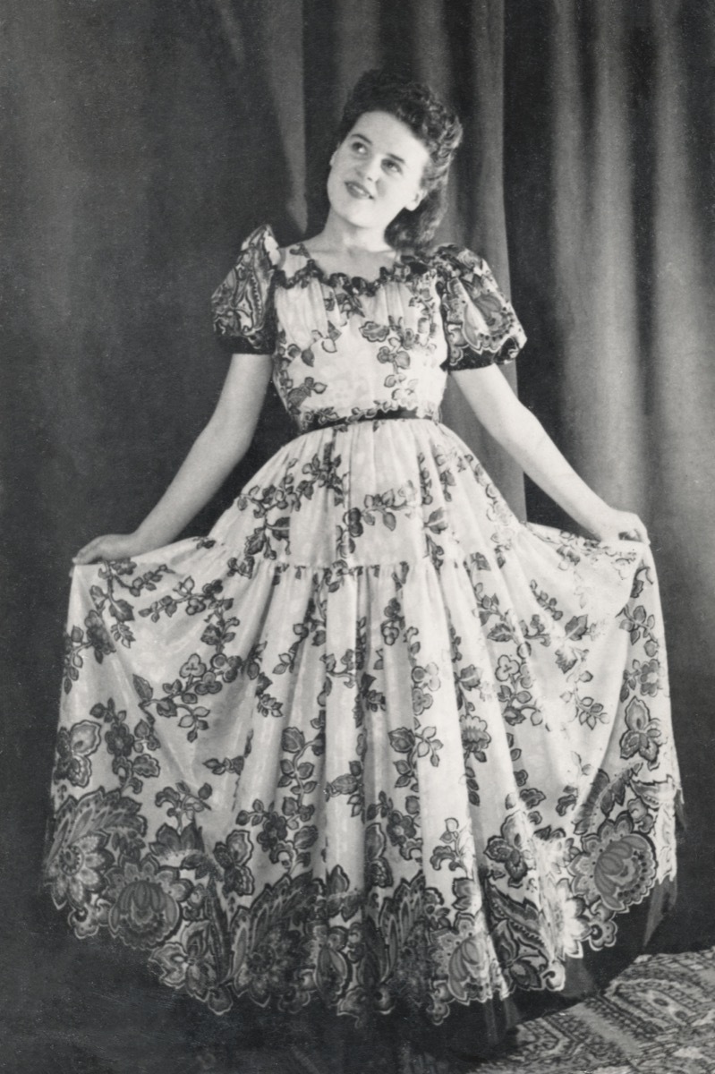 woman wearing a lampshade dress in the late 1940s