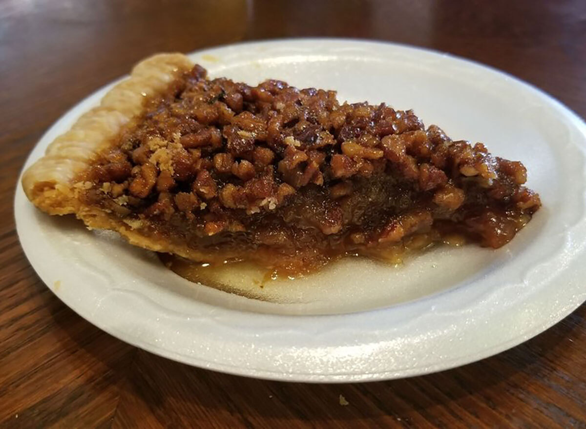 slice of pecan pie on styrofoam plate