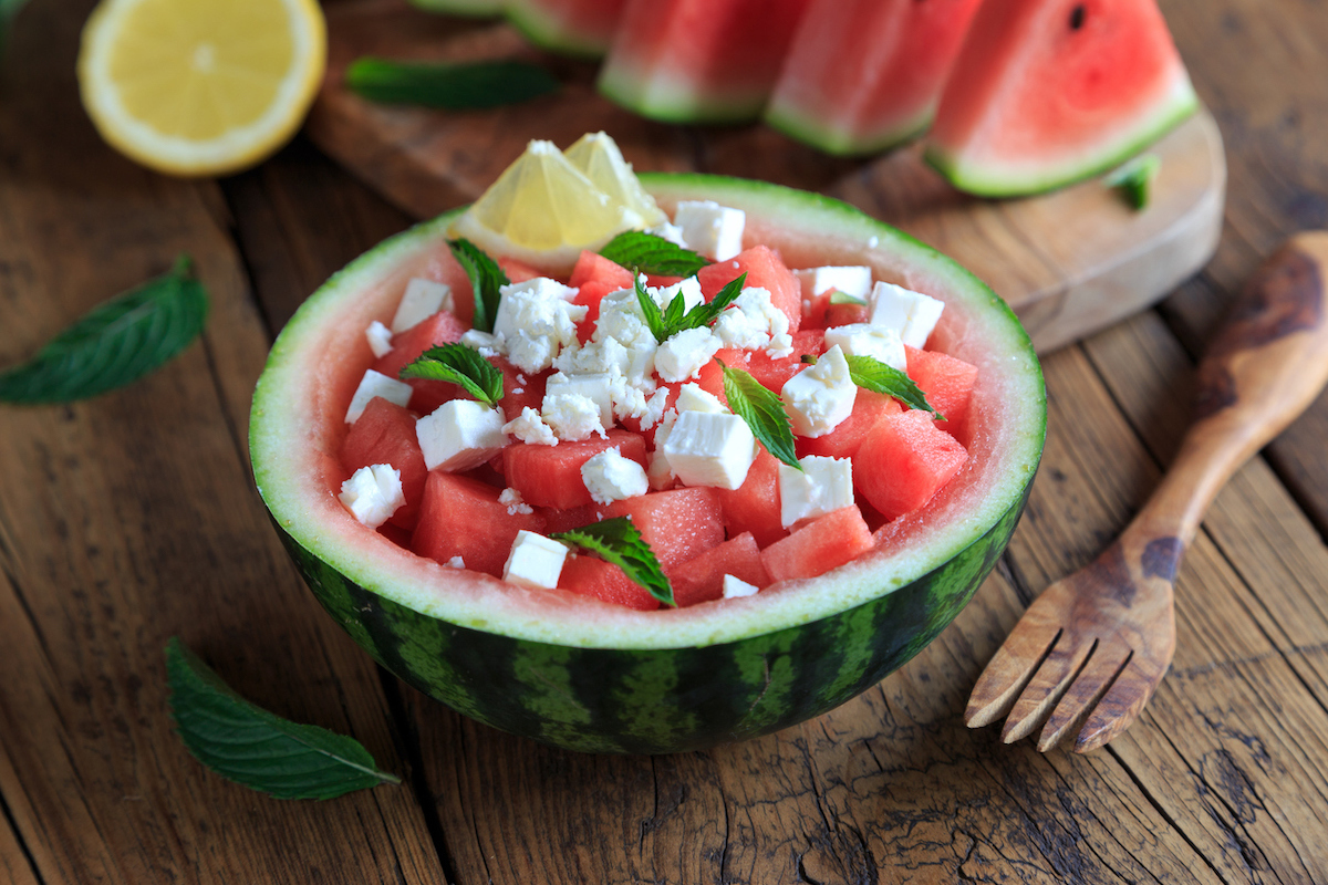 watermelon-feta salad served in watermelon