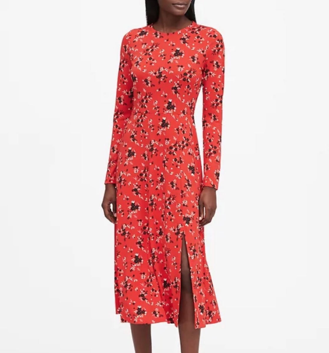 young black woman in red floral dress