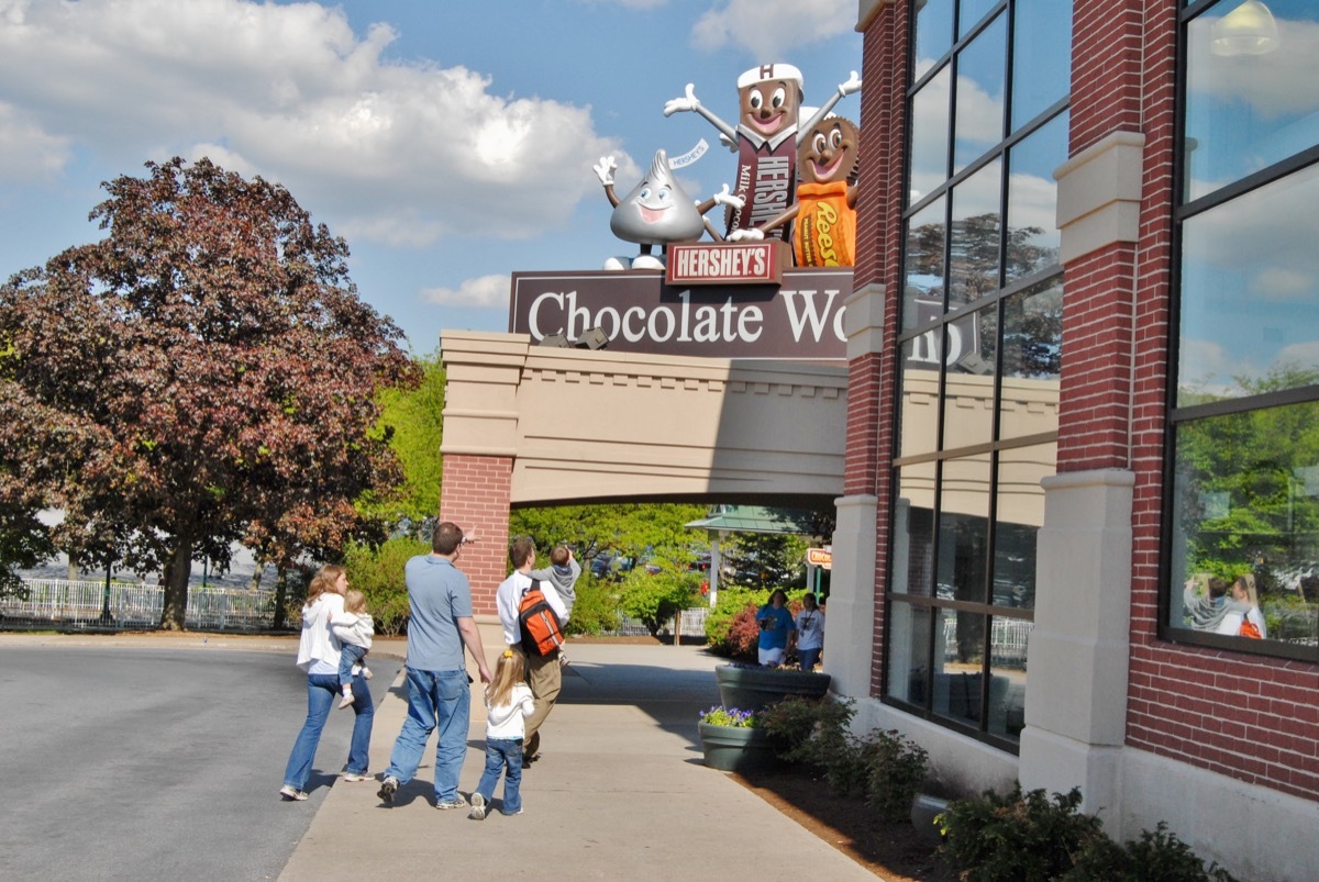 Family entering Hershey Park for a factory tour