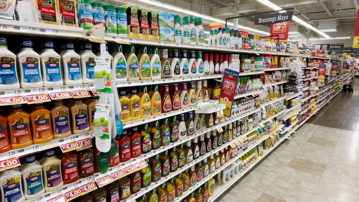 Food Lion grocery store pan salad dressing section and condiments full and neat