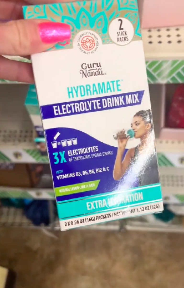 still from TikTok of electrolyte drink mix being sold at Dollar Tree